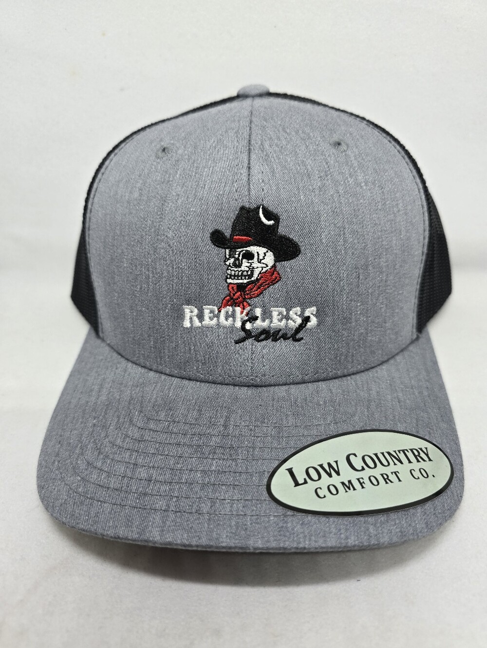 🤠💀 Reckless Soul Cowboy Skull Trucker Hat | Low Country Comfort Co HeatherGray